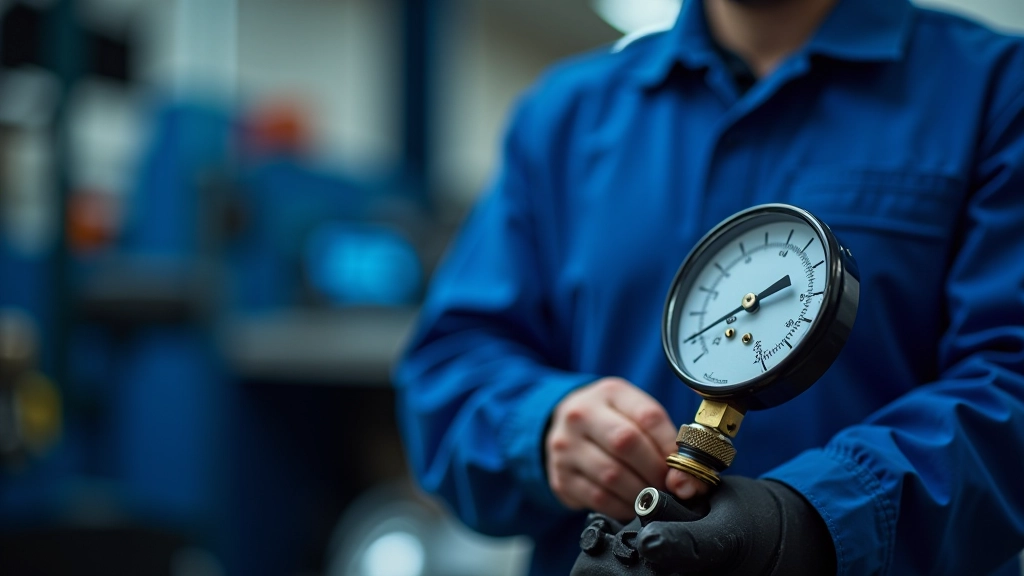 Technician performing diagnostic testing on turbocharger boost pressure gauge in workshop setting