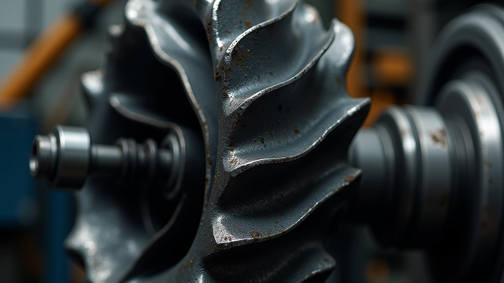 Turbine wheel with curved blades positioned inside turbo housing, showing exhaust-facing orientation
